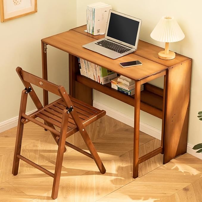 Sang Seiyoga Bamboo Folding Desk with Storage Shelf Space Saving Computer Table for Small Spaces Foldable Study Desk for Home Office Bedroom Dorm Apartment (Walnut)