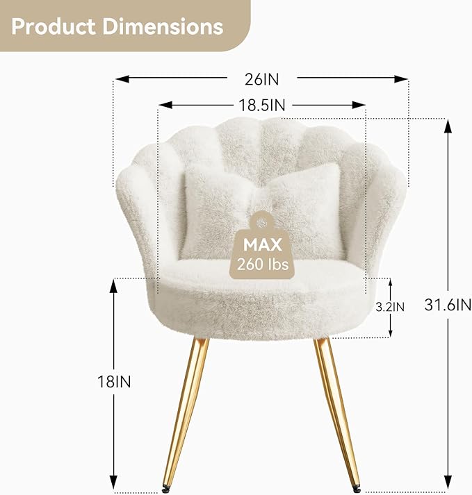 Plush Velvet Sherpa Accent Chair with Gold Metal Legs Fluffy Vanity Chair for Makeup Room Upholstered Guest Chair for Living Room for Bedroom Cream White