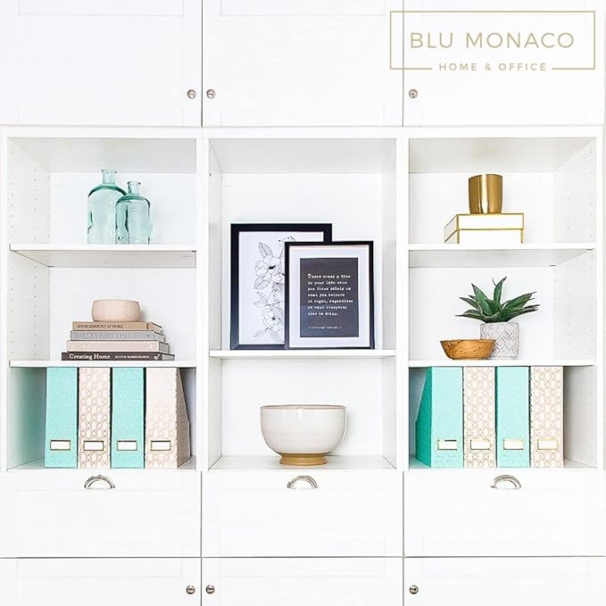 BLU MONACO | Set of 4 Foldable Pink &amp Aqua Magazine File Holders with Gold Geometric Patterns | Vertical File Organizer Boxes with Gold Label Holders for Home &amp Office