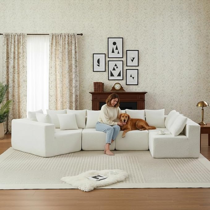 KEIKI 151.6 Extra Large L-Shaped Sofa Chenille Sectional Cloud Couch with 11 Pillows Curved Boneless Sofa for Living Room Guest Bedroom Beige