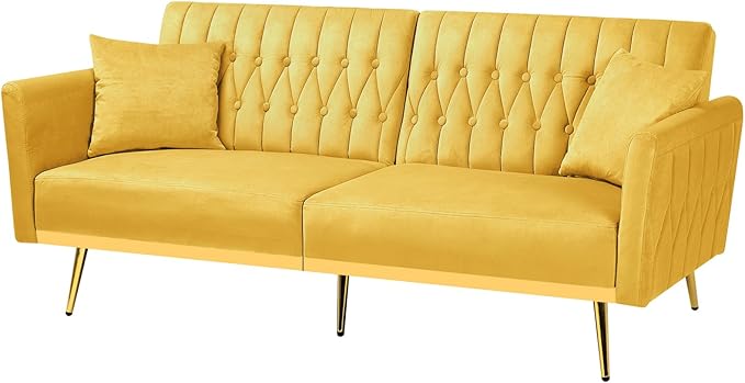 70” Velvet Futon Sofa Bed w/Adjustable Armrests &amp 2 Pillows Convertible Futon Couch w/Adjustable Backrests Modern Sleeper Bed for Living Room Bedroom Yellow