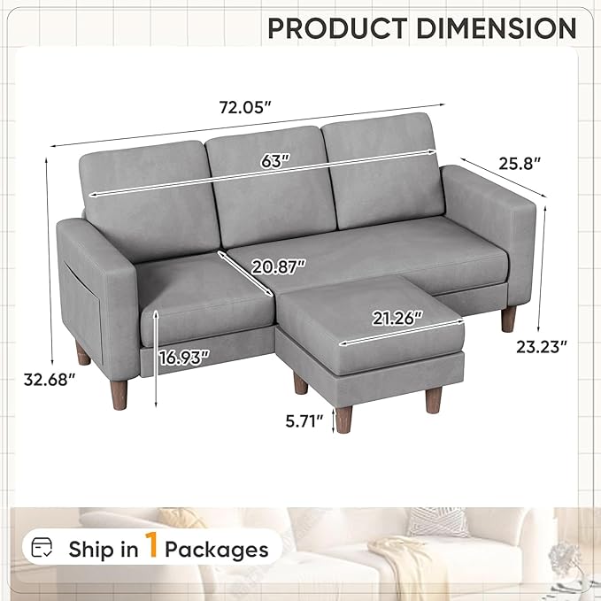 Homall Convertible Sectional Sofa 3 Seat L Shaped Couch with Side Storage Pocket Sofas with Movable Ottoman Small Linen Couches for Living Room &amp Apartment (Linen Fabric Light Grey)