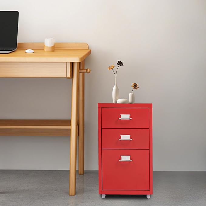 3 Drawers File Cabinet 16 * 11 * 18.9In Aluminum Alloy Mobile Filing Cabinet Rolling Filing Cabinets Rectangular Storage Cabinets with Lock&amp4 Wheels for Kitchen Bedroom Living Room (Red)