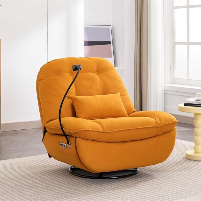 Power Recliner Sofa Chair 270 Degree Swivel Leisure Single Sofa with Button Control Wireless Speaker USB Ports Hidden Arm Storage Phone Holder for Living Room Orange Fabric (Without LED)