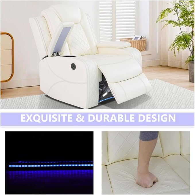 Oversized Recliner Chair Multifunction Power Leather Recliners with Home Theater Seating Oversized Single Electric Recliner Furniture for Living Room Apartment Home Theater White