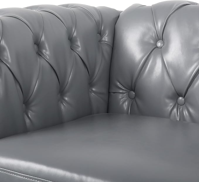RARZOE Modern 3 Seater PU Chesterfield Sofa Upholstered Tufted Button Leather Chesterfield Couch Classic Faux Leather Settee with Nailhead Trim Scroll Arms for Living Room Bedroom(Grey)