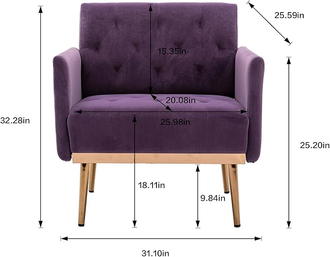 Modern Accent Chair Upholstered Single Sofa Arm Chair for Living Room and Bedroom Upholstered Comfy Armchair Chair with Solid Tapered Metal Legs (Purple)