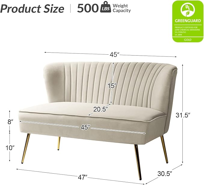 HULALA HOME Velvet Loveseat Sofa with Gold Legs Mid-Century Modern Upholstered Love seat Couch Tufted Small 2-Seat Sofa Armless for Living Room Bedroom Apartment Small Spaces TAN