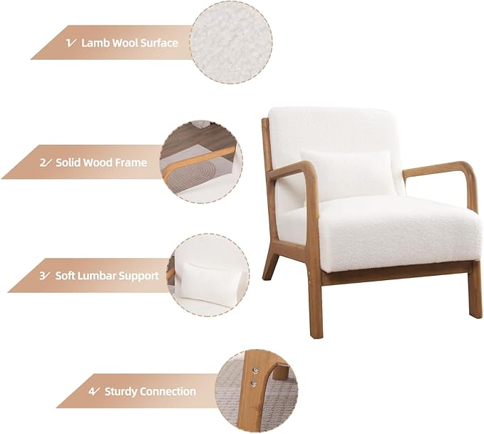 INZOY Mid Century Modern Accent Chair with Lamb Wool Fabric Upholstered Living Room Chairs with Waist Cushion Reading Armchair for Bedroom Sunroom White