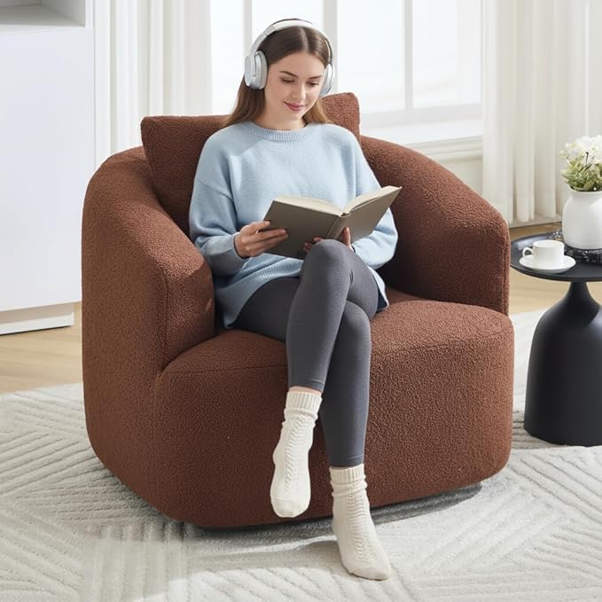 PELUMY Swivel Accent Chair Modern Round Barrel Chair Soft Teddy Fleece Fabric Swivel Chair for Living Room 360 Rotating Small Space Comfort Reading Chair No Tools Assembly (Brown)