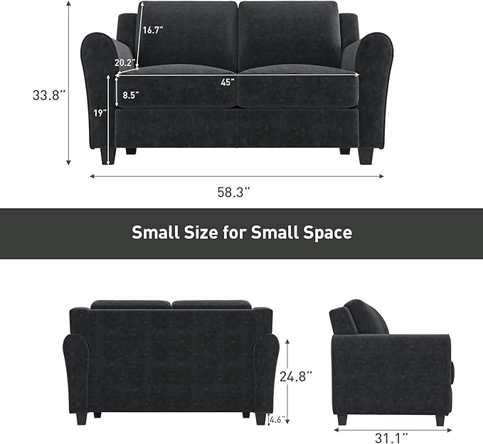 Bonzy Home 58 Black Loveseat Sofa Couch for Living Room 2 Seater Love Seat for Small Spaces Modern Couches with Thick Cushion for Home Apartment Office
