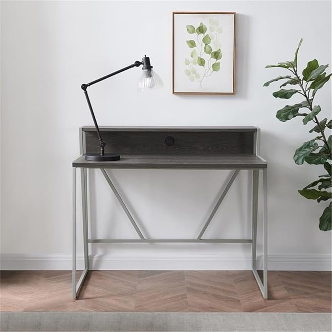 Pemberly Row 44 L x 23.75 W Writing Desk Weathered Wood and Nickel Finish HPL Worksurface Iron Frame MDF Shelf Cable Management 30 Clearance Home Office Desk with Riser Shelf