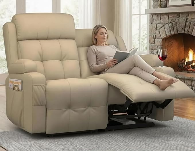 Reclining Loveseat Wall-Hugger Loveseat Recliner Design with USB/Type C Charging &amp Storage &amp Cupholder Pebble-Weave Fabric Recliner Sofa Couch for Living Room Home Theater &amp RV Use