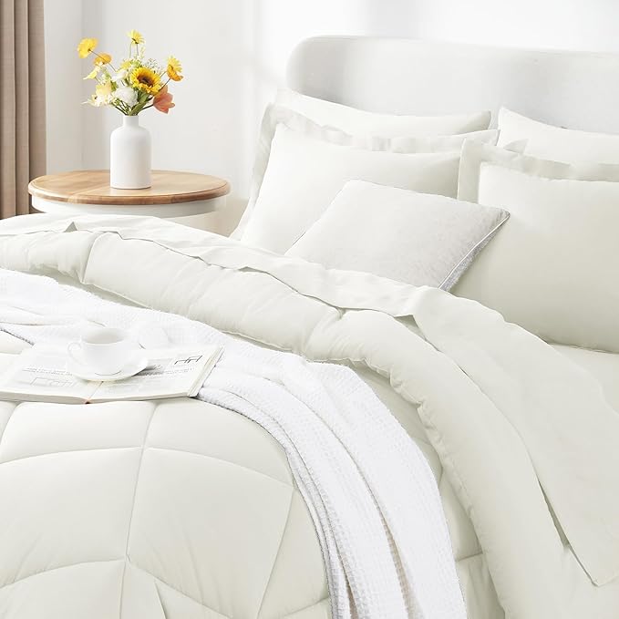 CozyLux King Size Comforter Set Ivory - 7 Pieces Bed in a Bag King Luxury Soft Bed Set for All Seasons Bedding Set with Down Alternative Comforter Sheets Pillowcases &amp Shams