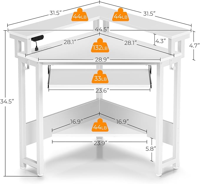 Rolanstar Corner Desk 44.5 W x 34.5 H Small Computer Desk with Power Outlets Gaming Desks with LED Lights Triangle Corner Table with Keyboard Tray &amp Monitor Stand for Small Space White
