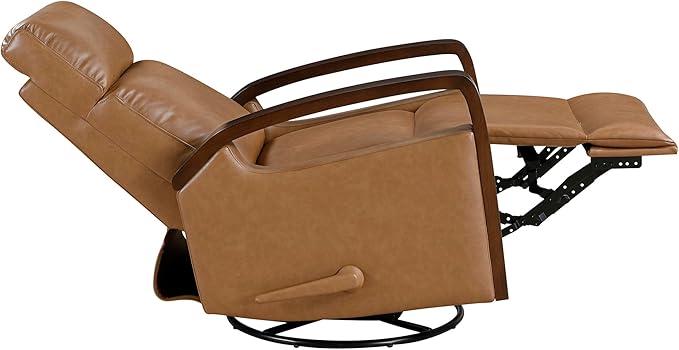 Lexicon 360 Degree Swivel Glider Reclining Chair Breathable Faux Leather Manual Recliner Comfy Nursery Glider Recliner Wood Arms Pull Handle for Living Room/Office/Bedroom/Apartment Camel Brown