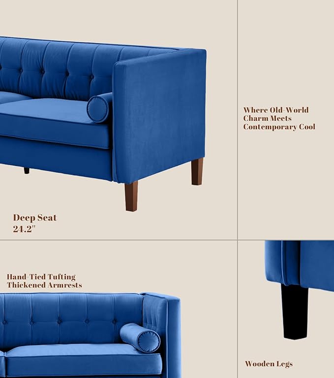 Dreamsir 58'' W Velvet Sofa Mid-Century Modern Love Seats Sofa Furniture with Two Bolster Pillows Button Tufted Couch for Living Room Easy Assembly (Loveseat Blue)