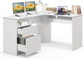 GOFLAME L-Shaped Desk 59 Corner Computer Desk with File Drawer &amp Open Shelf Large Workstation w/ 2 Cable Management Holes Writing Study Desk for Home Office White