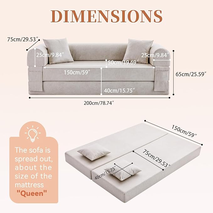 4-in-1 Folding Convertible Sofa Bed 78 Inch Faux Leather Boneless Couch Loveseat Sleeper with Pull Out Bed Floor Sofa Modular Futon Teddy Sofa for Living Room Bedroom Lounge Beige
