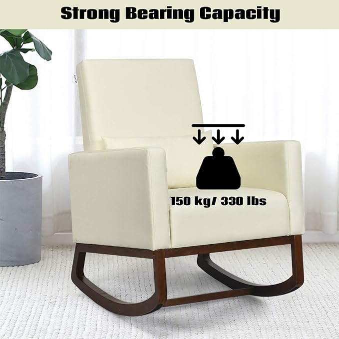 Giantex Upholstered Rocking Chair Modern High Back Armchair Comfortable Rocker with Fabric Padded Seat Waist Pillow and Wood Base Accent Chair for Nursery Living Room Bedroom Office Beige