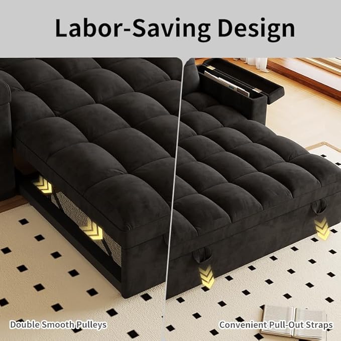 3-in-1 Convertible Sofa Bed with Adjustable Backrest &amp Storage Armrests 65 Pull-Out Sleeper Sofa Bed with USB Port &amp Side Table Modern Velvet Loveseat Couch with 2 Pillows Side PocketBlack