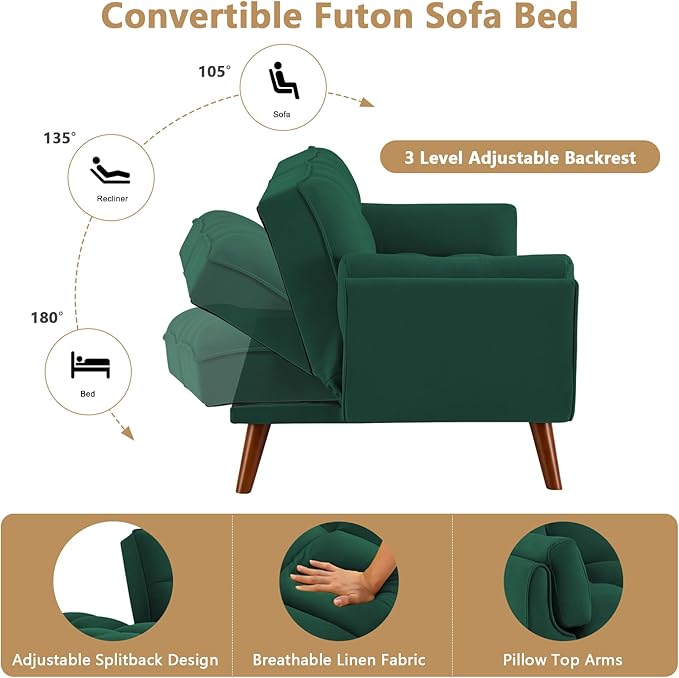 75 Convertible Futon Sofa Bed Sleeper Couch Bed with Adjustable Backrest Small Couches for Small Spaces Living Room Bedroom and Office (Green)