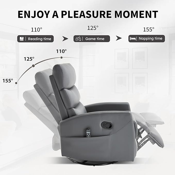 Swivel Recliner with Heat and Massage Rocker Recliner Chair for Living RoomGlider Recliner Nursery Chair with Black Metal Base/Adjustable Backrest and Footrest (PU Leather Grey3)