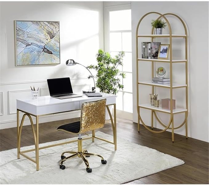 Pemberly Row Lightmane Wooden Top Writing Desk 50 W x 30 D x 31 H White High Gloss Finish with Gold Metal Legs 2 Storage Drawers Rectangular Computer Desk for Home Office