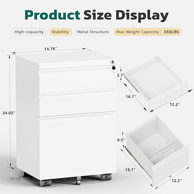 Greenvelly 3 Drawer Mobile File Cabinet with Lock Fully Assembled Rolling File Cabinet Except Casters Under Desk File Cabinet with Wheels for Home Office Fit Legal/Letter/A4 File (Assembled White)