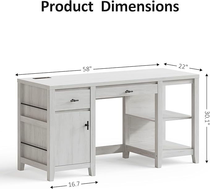 58 Executive Desk with Foldable Keyboard Tray and Charging Station Farmhouse Wood Home Office Desk with Drawers and Magazine Rack Large Writing Computer Desk for Home Office and Study White