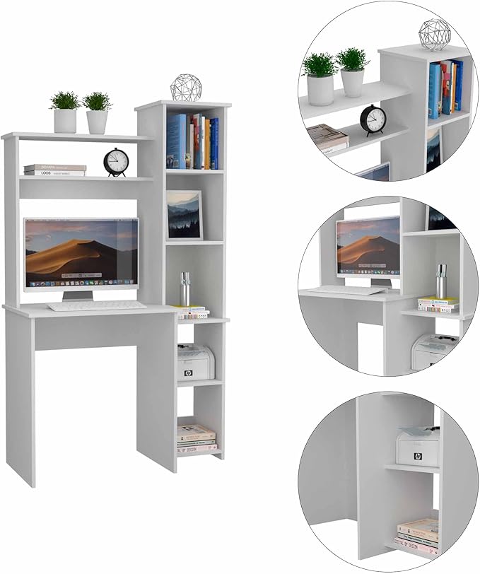 White 6-Shelf Writing Work Study Desk with Built-in Bookcase Home Office Furniture for Study and Home Office White Finish