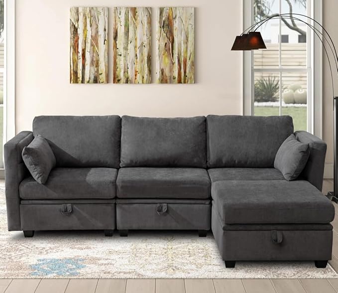 asunflower Modular Sectional Small Couch with Storage Seats 3 Seater Couch with Ottoman Storage L Shaped Sectional Sofa for Small Spaces with Reclining Arms and BacksPillows Included Dark Gray
