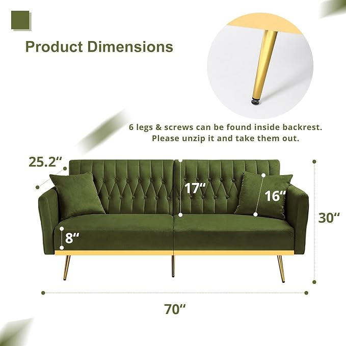 2 Pieces Velvet Sofa Set with Adjustable Armrest and Backrest 70” Convertible Futon Sofa Bed &amp Mordern Accent Chair with Ottoman for Living Room Bedroom Olive Green