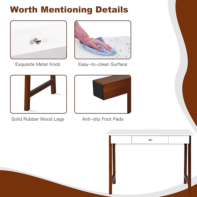 COSTWAY 42 Computer Desk with Storage Drawer Modern Home Office Writing Study Table with Solid Rubber Wood Legs &amp Non-Slip Foot Pads Multifunctional Makeup Vanity Dressing Table (Coffee and Whi