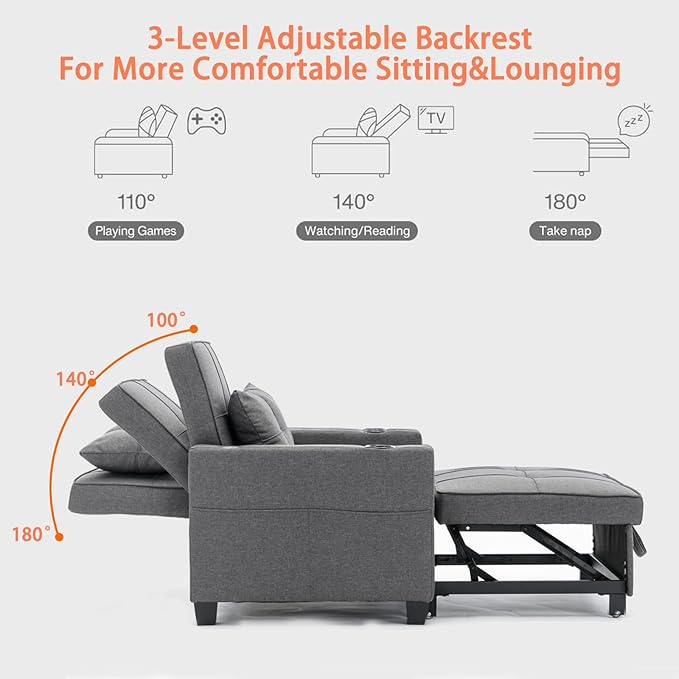 Modern Convertible Sleeper Sofa Bed 3-in-1 Adjustable Futon Couch with Storage &amp Removable Armrests for Apartment Studio Office Small Spaces (Grey)