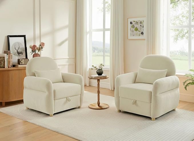 Accent Chairs Set of 2 Living Room Chairs in Chenille Fabric Modern Reading Chair with Storage Function for Living Room Apartment and Compact Spaces (Beige)