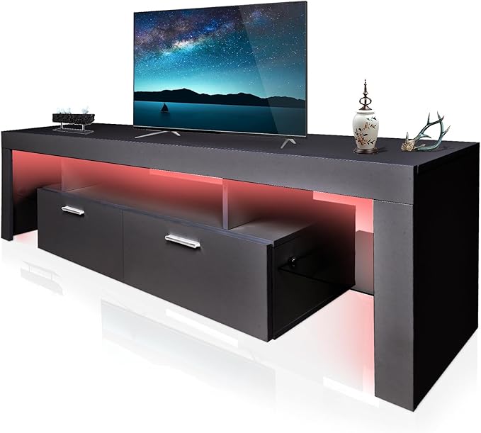 Modern Black TV Stand for TVs up to 75 Inches – LED Light Entertainment Center with Drawer &amp Cabinets Media Console with Storage Shelves for Living Room