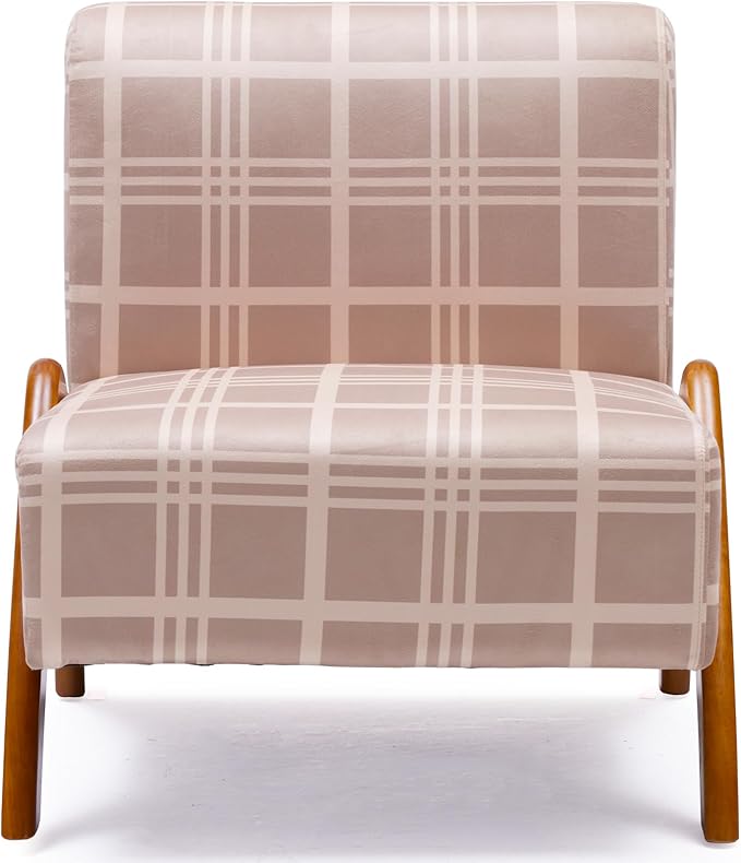 Oversized Accent Chair upholstered armless mid Century Modern Living Room Chair with Wooden Legs for Bedroom/Office/Cafe Plaid Camel