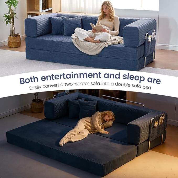 Folding Sofa Bed Convertable Corduroy Couch King Size Floor Sleeper 4-in-1 DIY Combination Modular Sofa Fold Out Futon Lounge Comfy Foldable Lazy cama for Living Room (Blue 80.15)