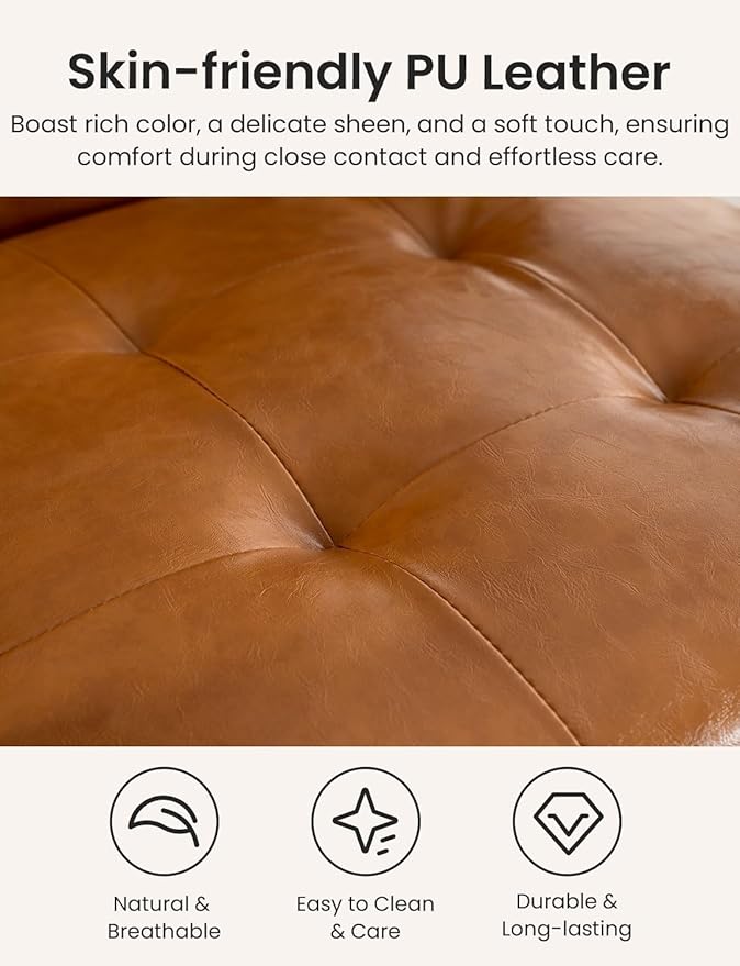 Mid-Century PU Leather Accent Chair Set of 2 Living Room Comfy Bedroom Chairs for Small Spaces Modern Brown Reading Nook Armchair with Solid Wood Legs