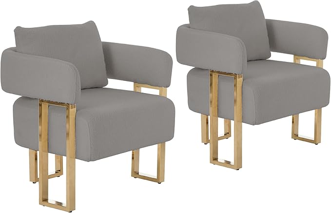 YITAI Modern Accent Chairs no Wheels Living Room Side Chairs Set of 2 with Golden Metal Legs Barrel Soft Teddyt Upholstered Reading Armchairs for OfficeReception RoomBedroomLoungeGrey