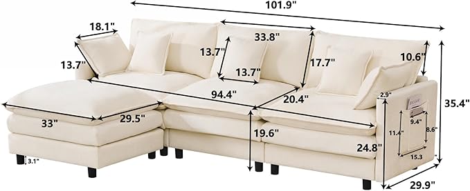 102 Modular Sectional Sofa Premium Chenille Cloud Couch with Reversible Ottoman L-Shaped Oversized Sofa with Side Storage Pockets for Multi-Scene Living Room &amp Home Office
