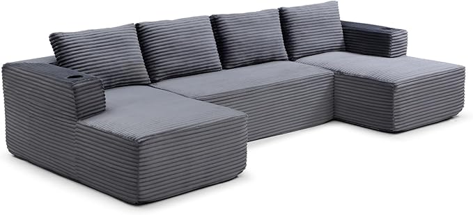 132 Modular Sectional Sleeper Sofa Boneless Cloud Couch for Living Room U Shaped 5 Seat Sofa with 2 Cup Holders Free Combination No Assembly Required (Grey)