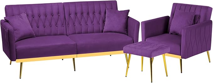 2 Pieces Velvet Sofa Set with Adjustable Armrest and Backrest 70” Convertible Futon Sofa Bed &amp Mordern Accent Chair with Ottoman for Living Room Bedroom Purpel