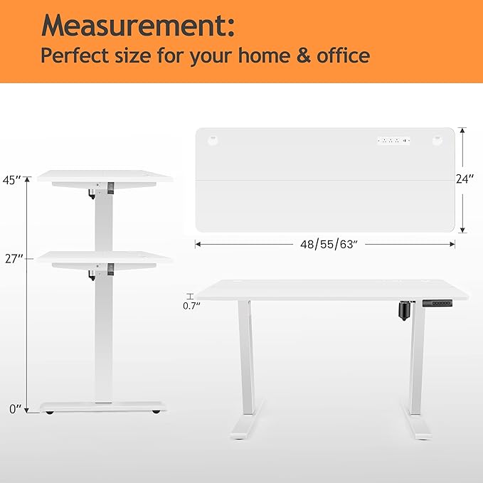 Electric Standing Desk 48x24in Adjustable Height Computer Desk with Wheels Sit-Stand Desk with Charging Station 2 USB Ports 3 Power Outlets Spacious Workstation for Home Office(White)