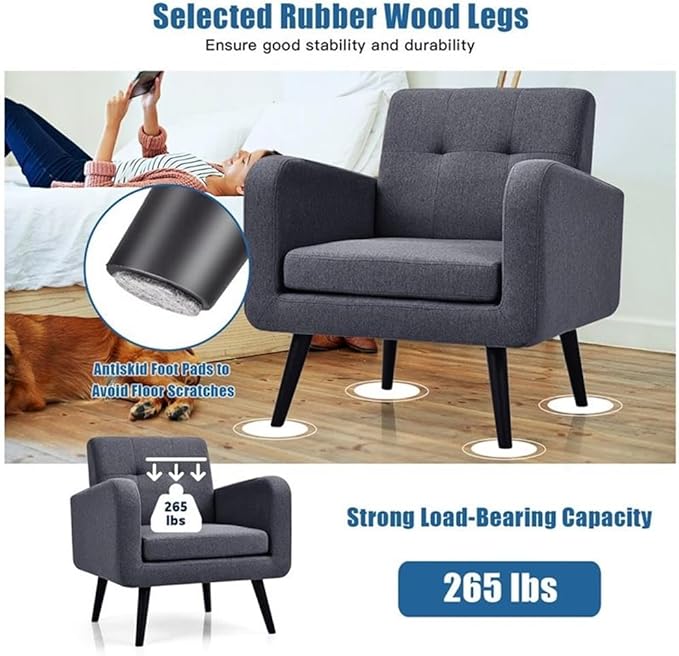Pemberly Row Contemporary Fabric Accent Chair Gray Linen Upholstery Rubber Wood Legs Tufted Backrest 29.5 L x 29.5 W x 32.5 H Comfortable Living Room or Reception Room Seating