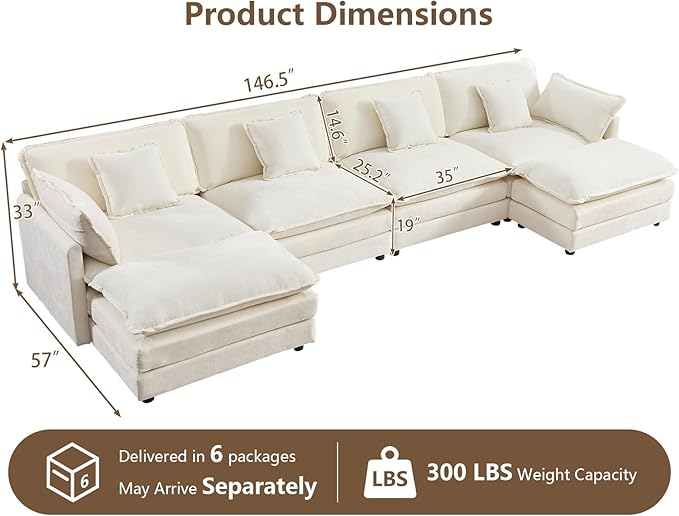 Oversized Modular Sectional Sofa Large U Shaped Couch with Deep Seat Chenille Cloud Couches for Living Room Convertible 6 Seater Sectional Sofa for Spacious Space Beige White