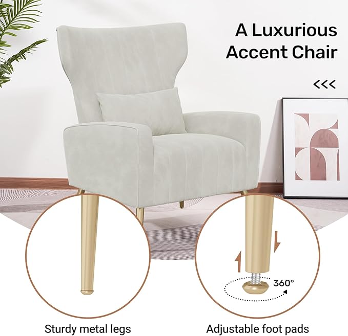 Velvet Accent Chair Set of 2Wingback for Living Room High Back Arm Chair with Golden Legs Lumbar Pillow Upholstered Single Sofa Bedroom Beige