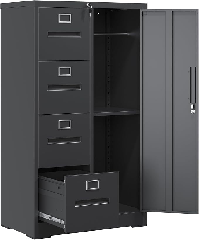 4 Drawer Small File Cabinet with Lock Under Desk Locking Storage Drawers Organizer Filing Cabinets for Home OfficeBlack