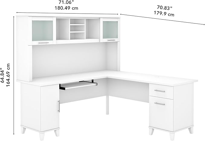 Bush Furniture Somerset L Shaped Desk with Hutch in White | Corner Computer Table with Drawers Cabinets and Pullout Keyboard/Laptop Tray for Home Office